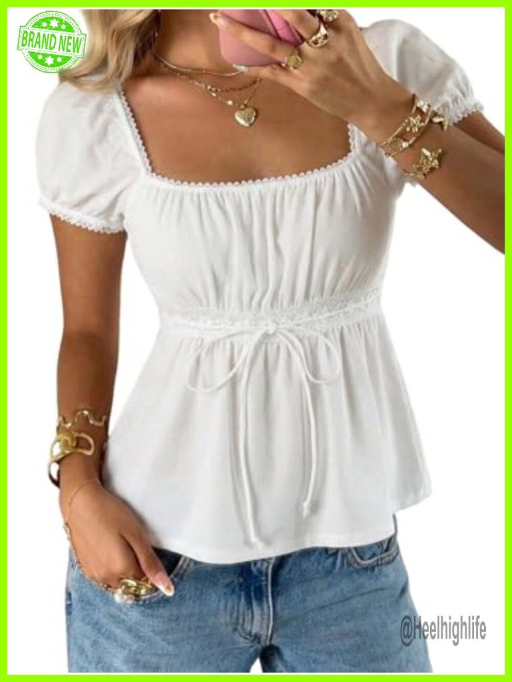 Women's Short Sleeve Babydoll Top Square Neck Puff Sleeve Summer Blouse